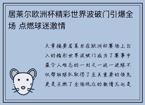 居莱尔欧洲杯精彩世界波破门引爆全场 点燃球迷激情